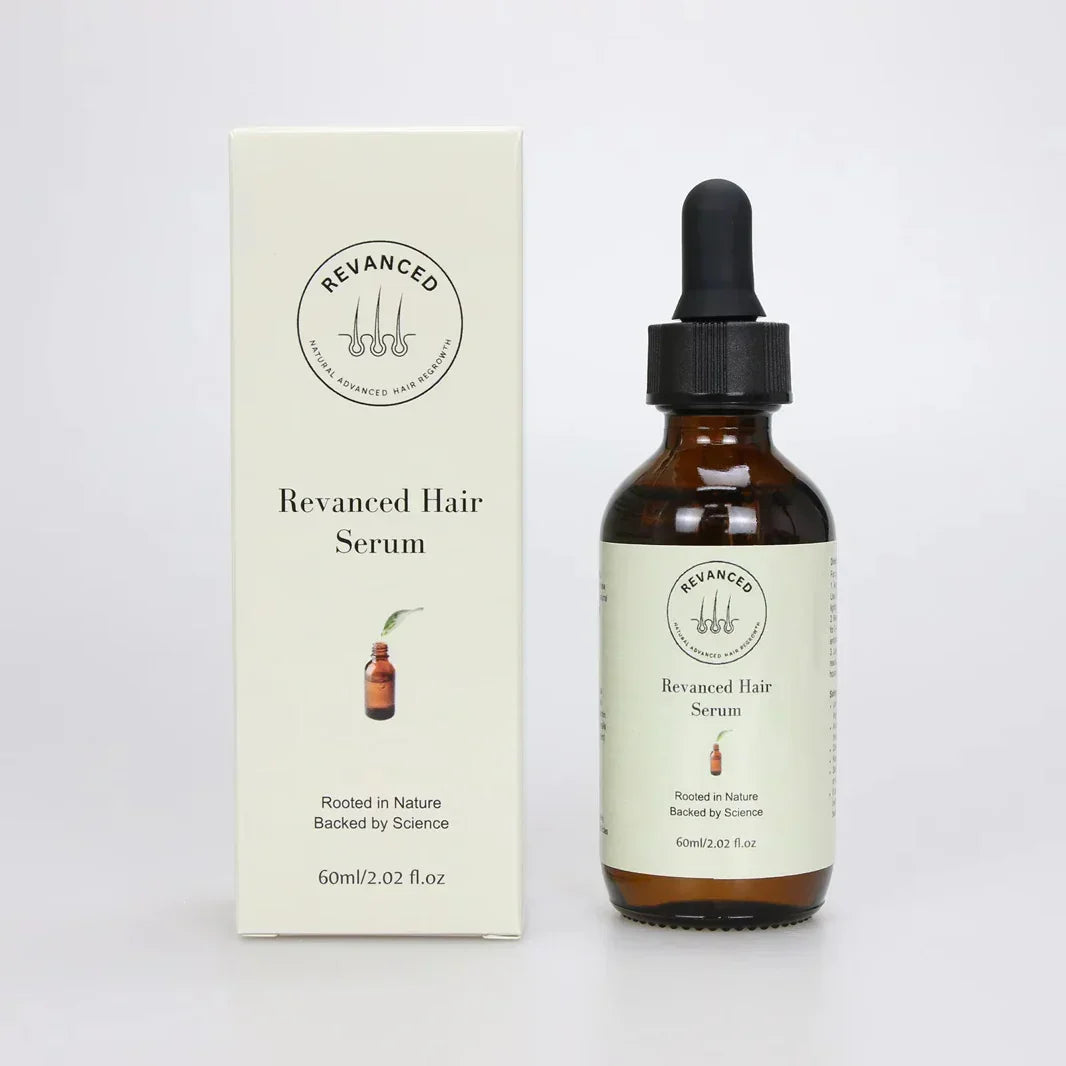 Revanced hair serum bottle with dropper and packaging on a white background