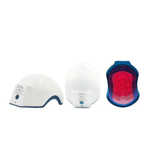 White helmet with blue accents and a red light on a white background
