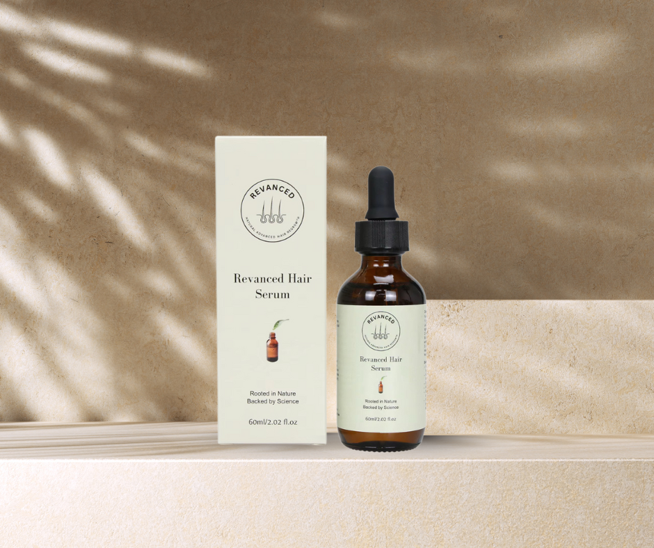 Revanced Hair Serum bottle and box on a neutral background with leaf shadows